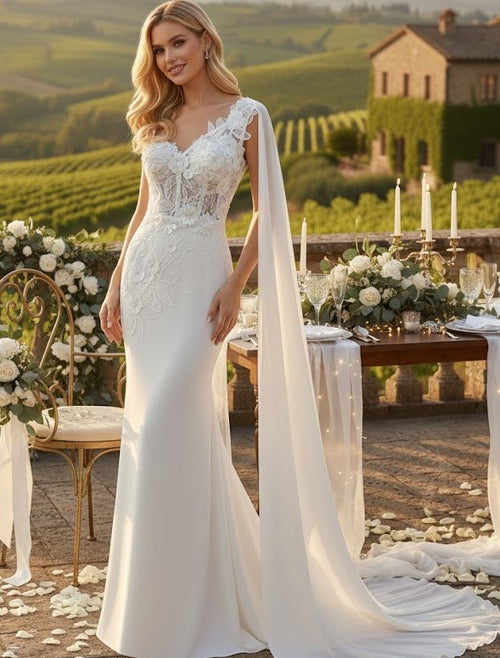 Elegant One-Shoulder Lace Wedding Dress with Chiffon Cape – Floral Appliqué Mermaid Bridal Gown by Amelia Couture 388