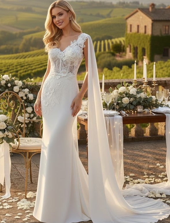 Elegant One-Shoulder Lace Wedding Dress with Chiffon Cape – Floral Appliqué Mermaid Bridal Gown by Amelia Couture 388