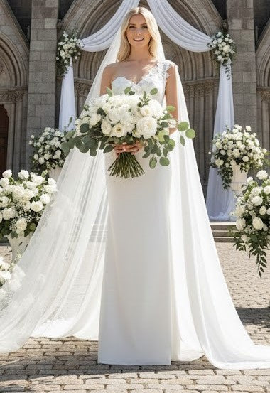 Elegant One-Shoulder Lace Wedding Dress with Chiffon Cape – Floral Appliqué Mermaid Bridal Gown by Amelia Couture 388