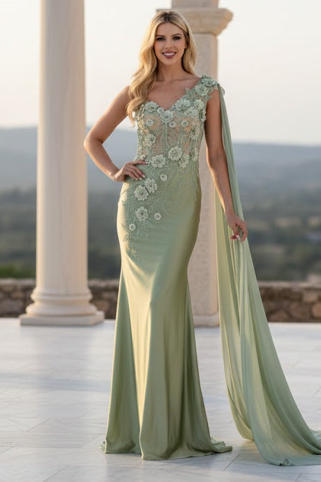 Amelia Couture 388 One Shoulder Cape Long Floral Formal Evening Dress