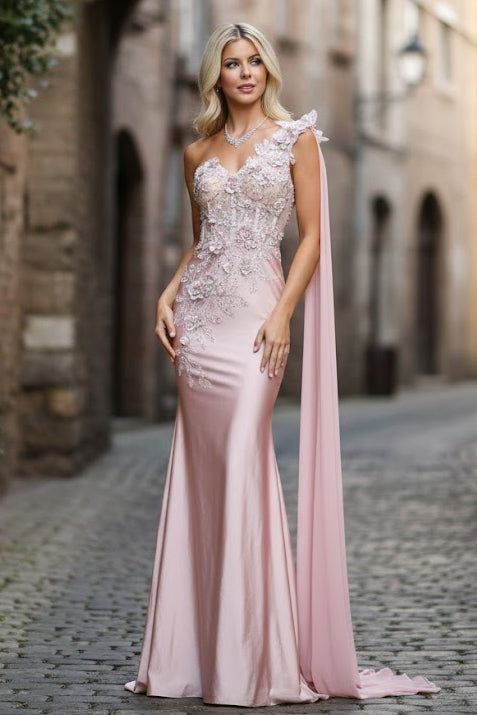 Amelia Couture 388 One Shoulder Cape Long Floral Formal Evening Dress