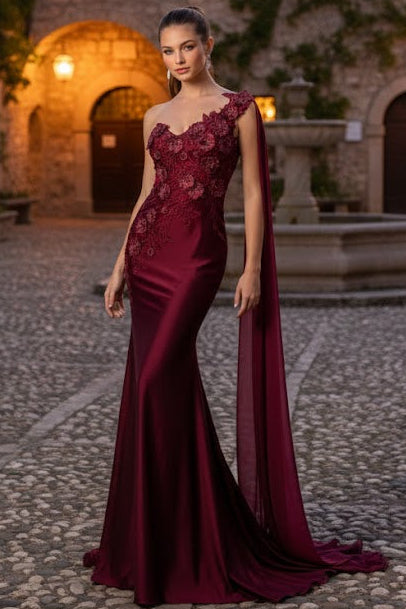 Amelia Couture 388 One Shoulder Cape Long Floral Formal Evening Dress