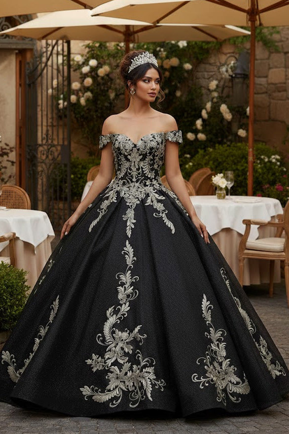 fitted lace wedding dress Off-Shoulder Ball Gown by Rachel Allan RQ5001
