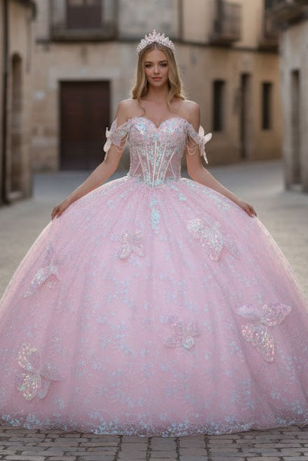 Baby Pink Quinceanera Dress 3D Butterfly Ball Gown by Elizabeth K GL3651