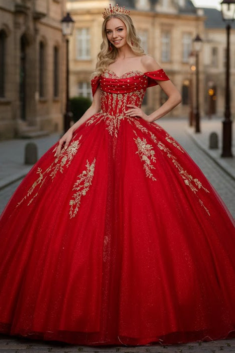 Red Quinceanera Dress Off Shoulder Ball Gown by Elizabeth K GL3631