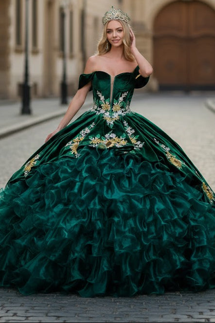 emerald green quinceanera dresses Charro Dress by Elizabeth K GL3637 forest green quince dress Black Dress Nude Heels Color:Pink/Silver inspired look arhaus
