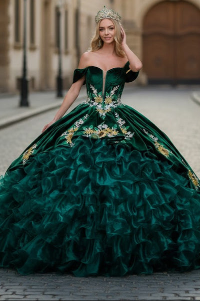 Emerald Green Charro Quinceanera Dress Sweetheart Ruffled Ball Gown by Elizabeth K GL3637