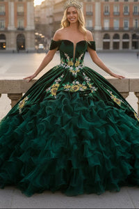 Emerald Green Charro Quinceanera Dress Sweetheart Ruffled Ball Gown by Elizabeth K GL3637
