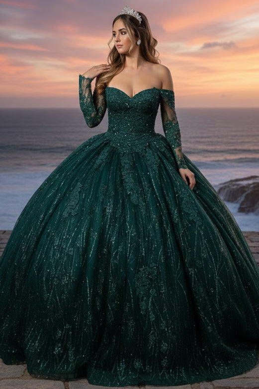 Quince Formal Dress Ball Gown Long Sleeve Beaded