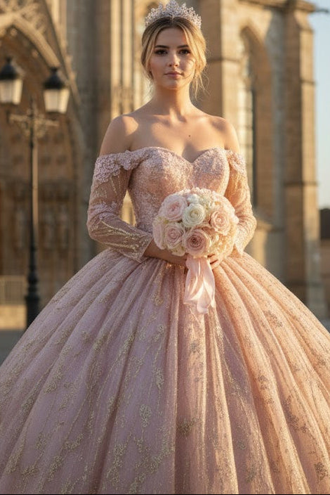 Quince Formal Dress Ball Gown Long Sleeve Beaded