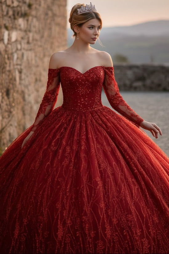 Quince Formal Dress Ball Gown Long Sleeve Beaded