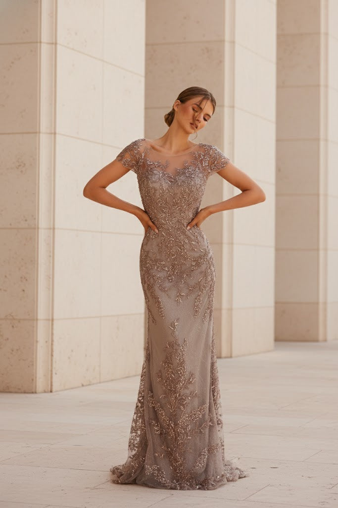 Nox Anabel MT110 Stunning Appliqué Short Sleeve Gown