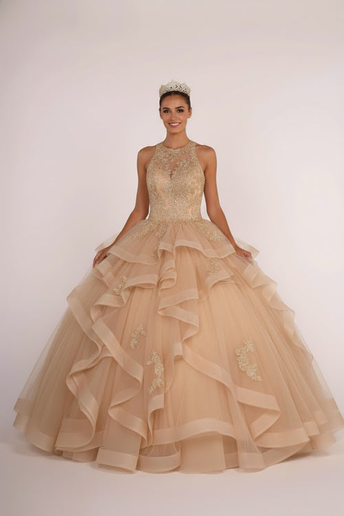 Beaded Illusion Ball Gown With Layered Skirt by Elizabeth K GL2513