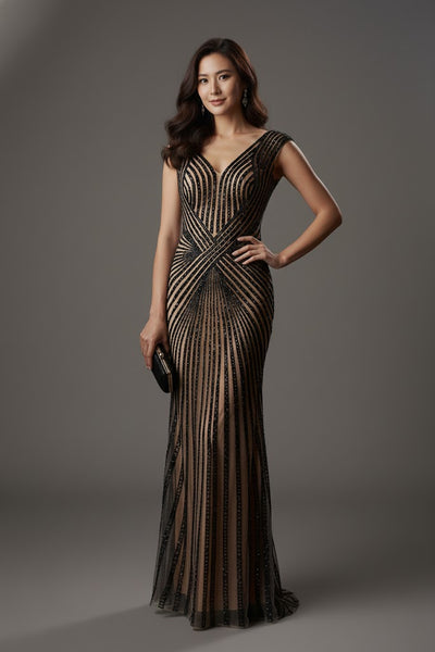 Beaded Mesh Sheath Evening Gown Illusion V-Neck Cap Sleeve Formal Dress by Elizabeth K GL2053
