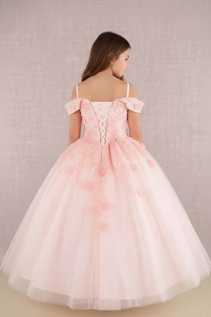 GK112 Girls Embroidered Cold Shoulder Gown by Elizabeth KGK112