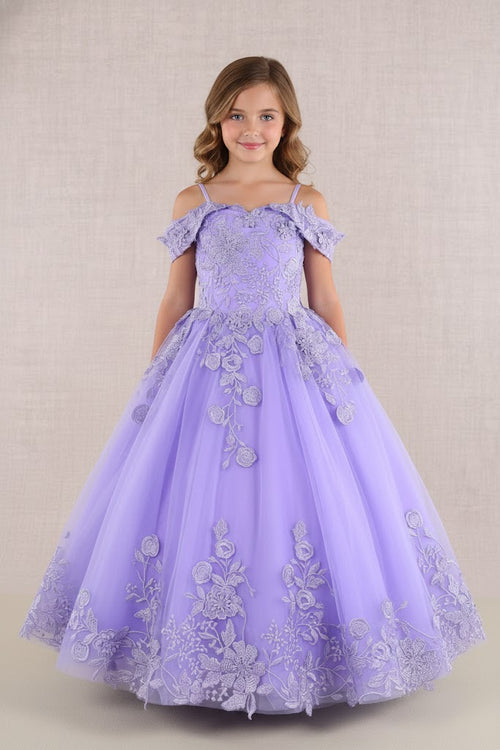 GK112 Girls Embroidered Cold Shoulder Gown by Elizabeth KGK112