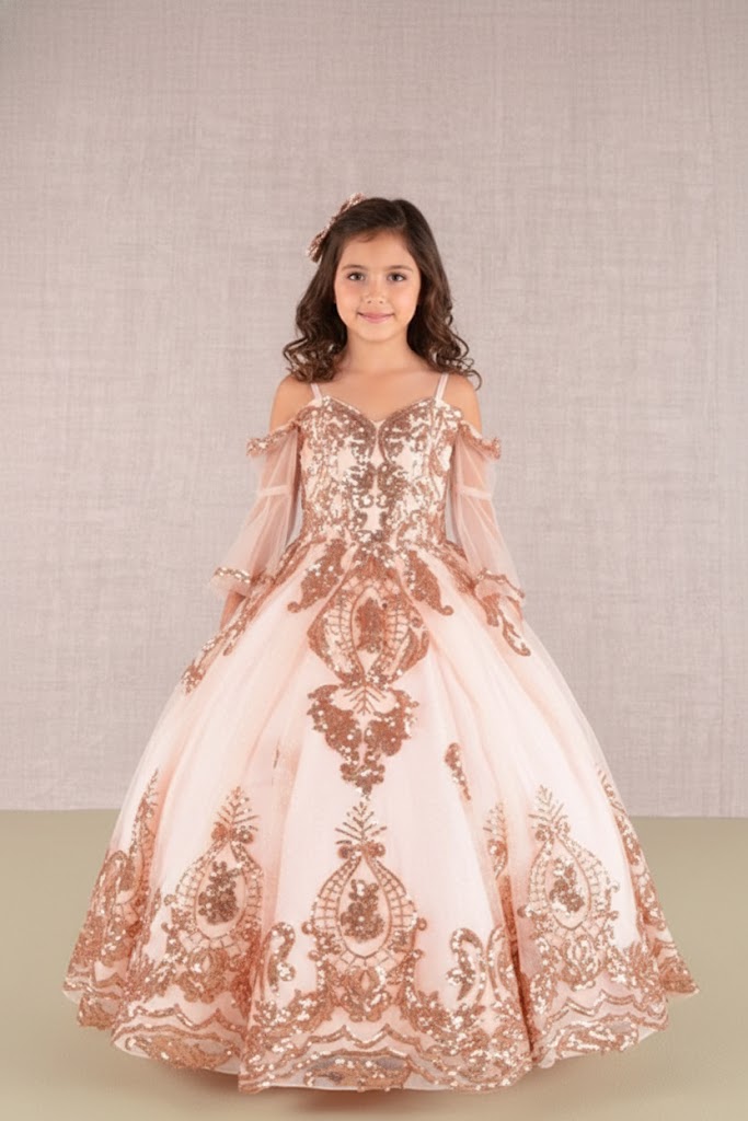 GK104 Girls Sequin Bell Sleeve Gown by Elizabeth KGK104