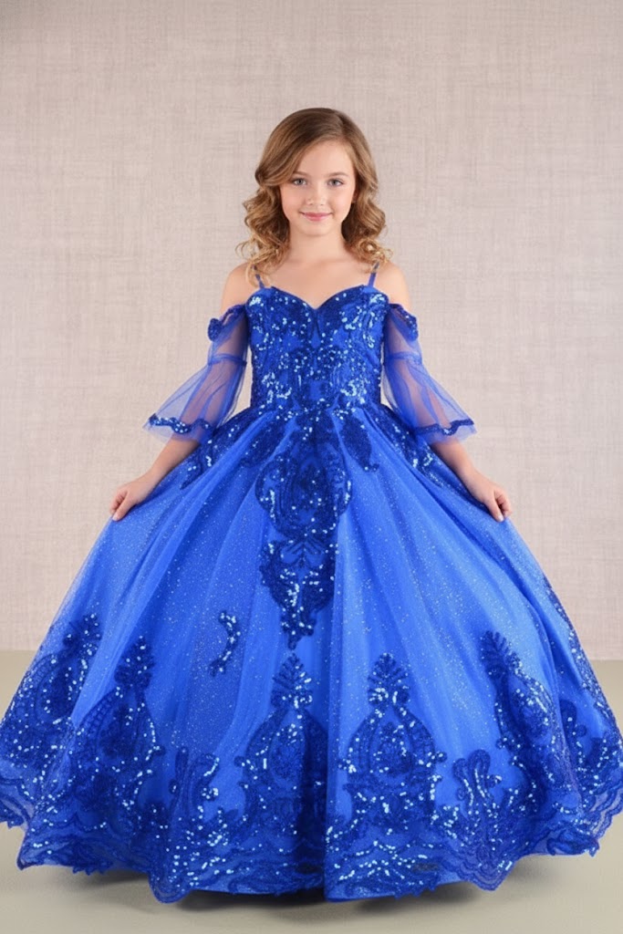 GK104 Girls Sequin Bell Sleeve Gown by Elizabeth KGK104