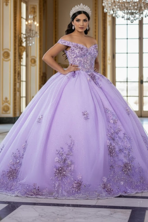 Luxurious Off The Shoulder Quinceañera Ball Gown with 3D Floral Appliqués Glitter Tulle Skirt by Layla K LK286