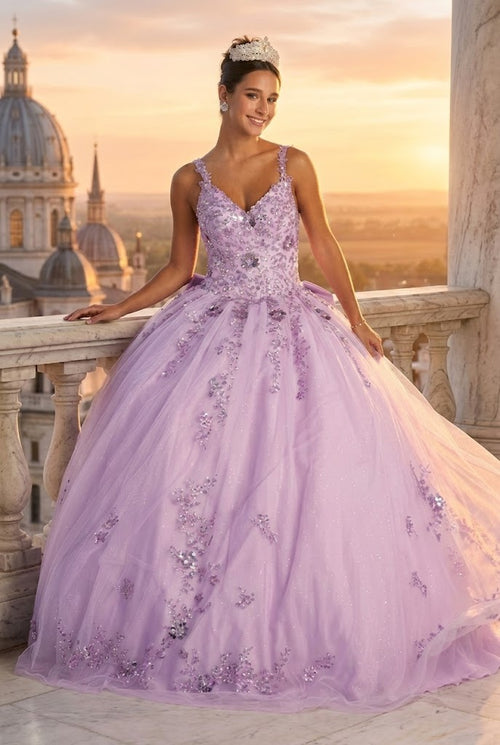 Quinceanera Dress Ball Gown in Mesh Glitter Bow Train by Layla K LK174