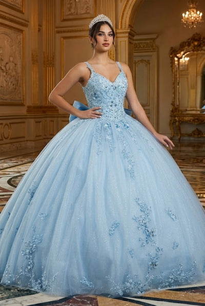 Quinceanera Dress Ball Gown in Mesh Glitter Bow Train by Layla K LK174