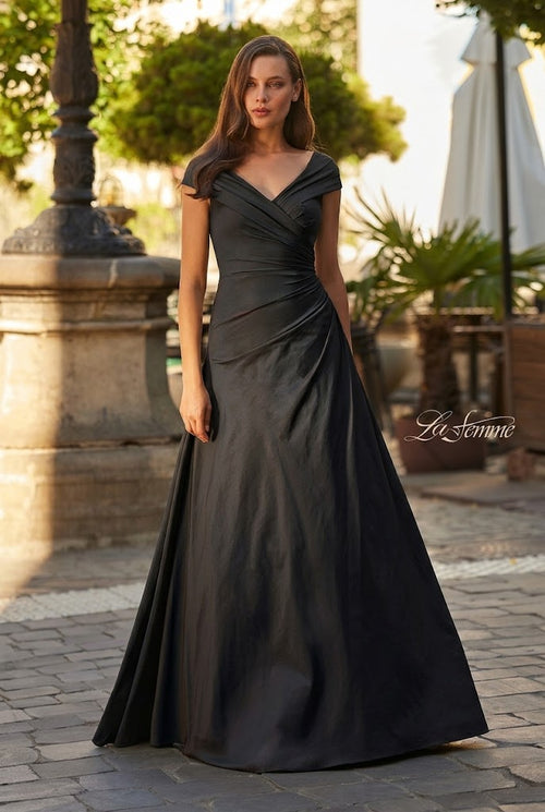 La Femme 33446 Cap Sleeve Ruched Gown with Flowing Skirt