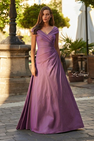 La Femme 33446 Cap Sleeve Ruched Gown with Flowing Skirt