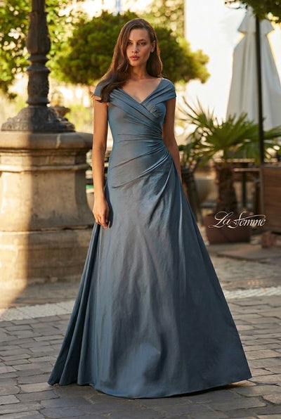 La Femme 33446 Cap Sleeve Ruched Gown with Flowing Skirt