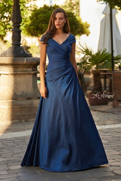 La Femme 33446 Cap Sleeve Ruched Gown with Flowing Skirt