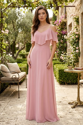 Cold Shoulder Long Simple Elegant Bridesmaid Dress