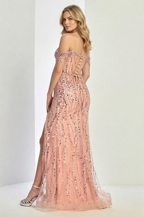 Off Shoulder Formal Gown Beaded Fitted Long Prom Dress by Adora Design 3238