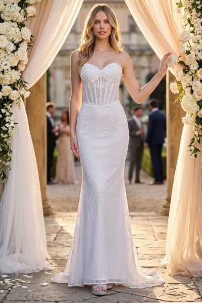 Strapless Beaded Lace Wedding Dress with Sheer Corset Bodice & Open Back by Adora Design 3279-01