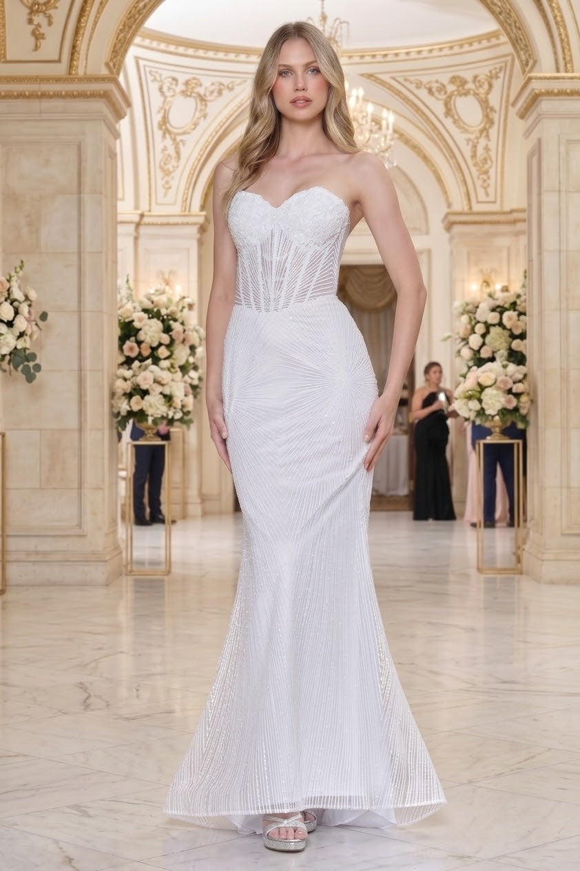 Strapless Beaded Lace Wedding Dress with Sheer Corset Bodice & Open Back by Adora Design 3279-01