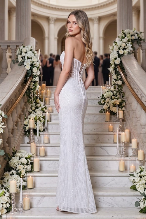 Strapless Beaded Lace Wedding Dress with Sheer Corset Bodice & Open Back by Adora Design 3279-01