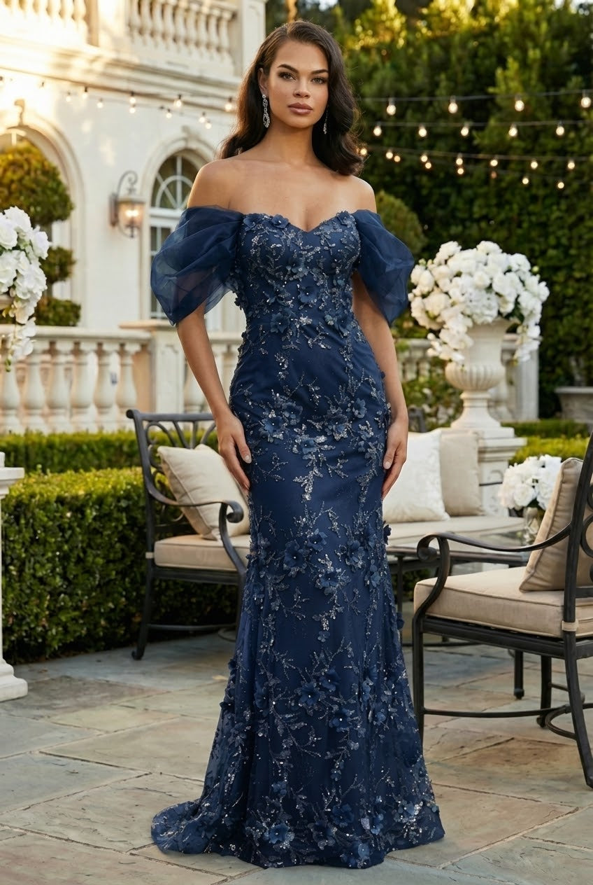 Off Soulder 3D Floral Applique Red Carpet Dress-New Collection