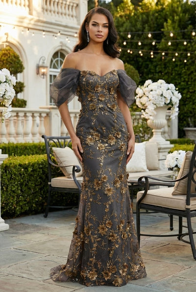 Off Soulder 3D Floral Applique Red Carpet Dress-New Collection