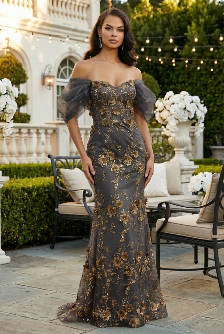 Off Soulder 3D Floral Applique Red Carpet Dress-New Collection