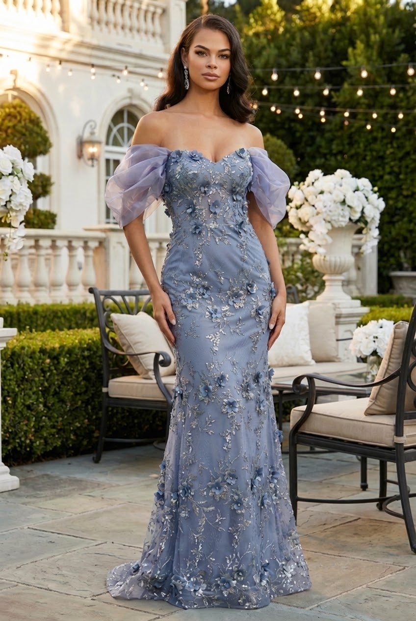 Off Soulder 3D Floral Applique Red Carpet Dress-New Collection