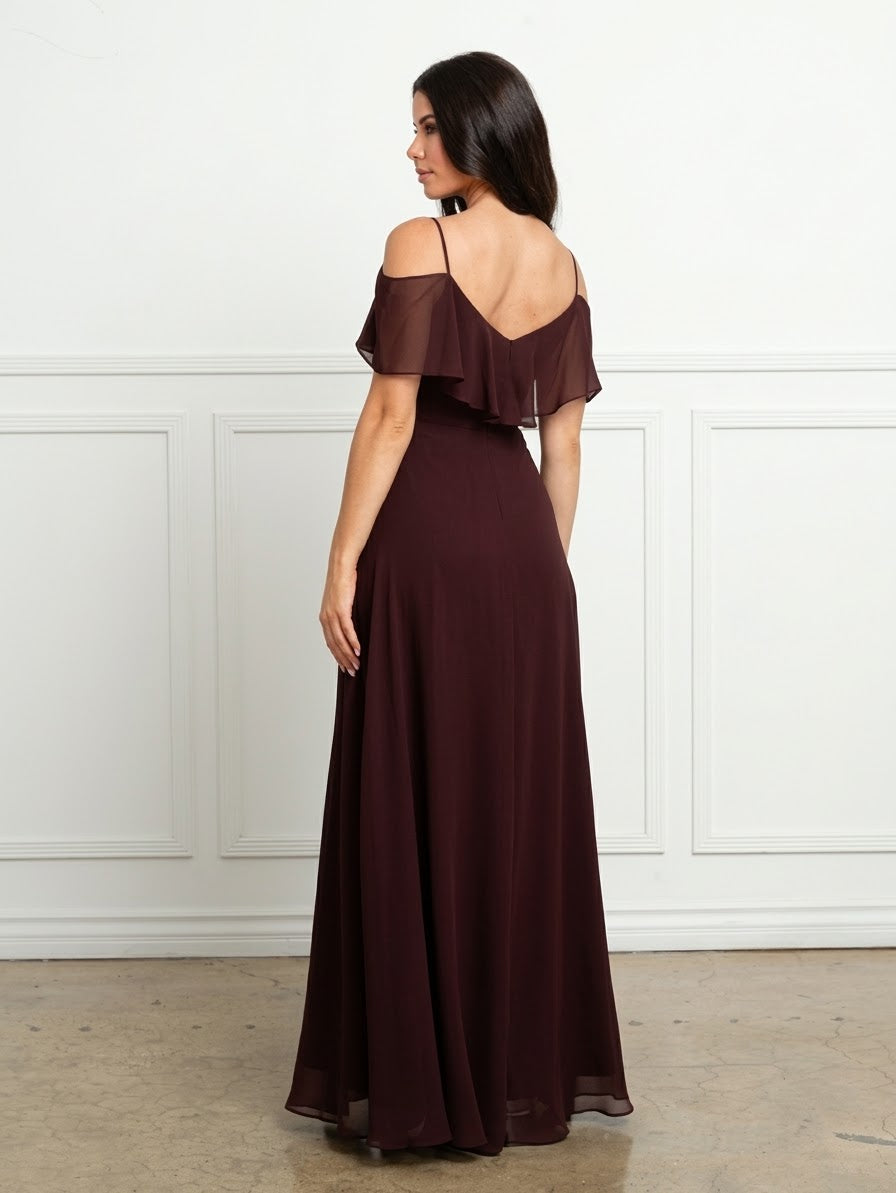 Cold Shoulder Chiffon Maxi Dress with Ruffle Overlay by Eva USA 3263
