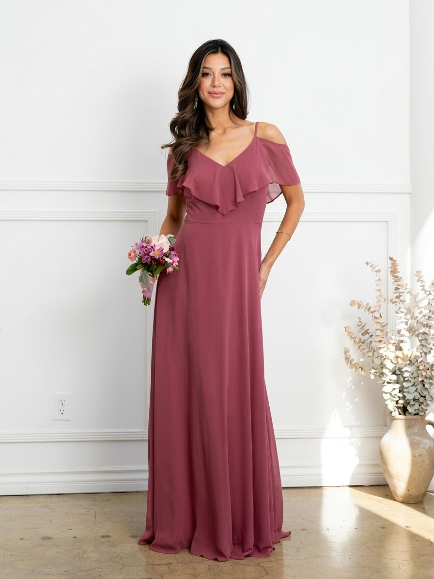 Cold Shoulder Chiffon Maxi Dress with Ruffle Overlay by Eva USA 3263