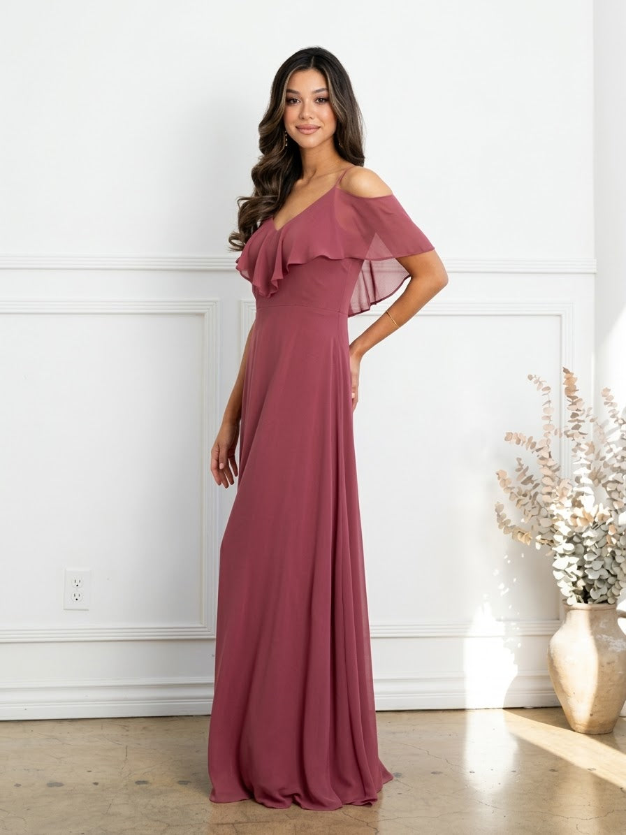 Cold Shoulder Chiffon Maxi Dress with Ruffle Overlay by Eva USA 3263