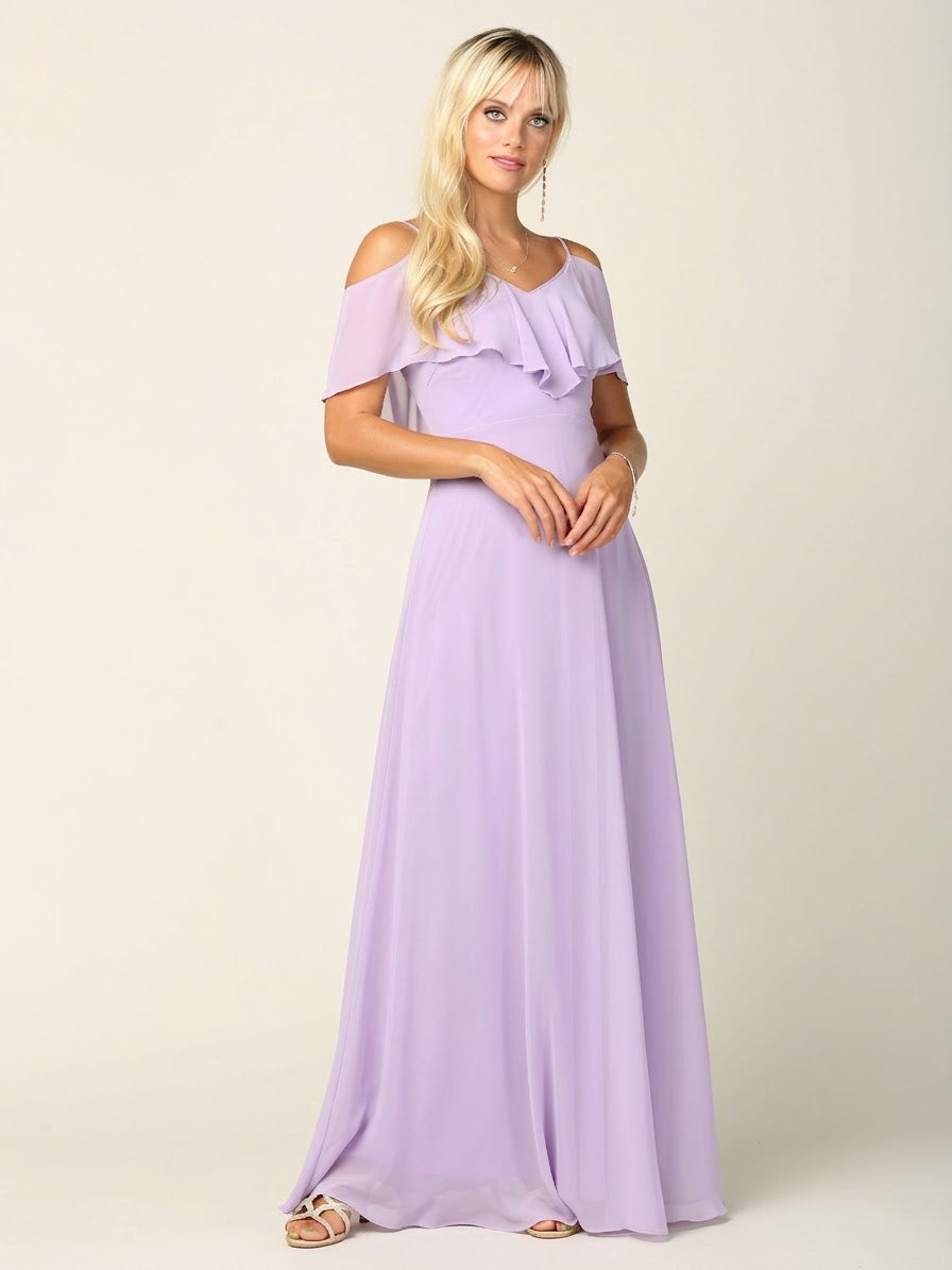 Cold Shoulder Chiffon Maxi Dress with Ruffle Overlay by Eva USA 3263