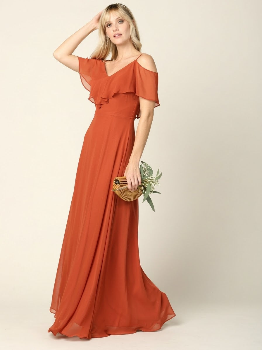 Cold Shoulder Chiffon Maxi Dress with Ruffle Overlay by Eva USA 3263