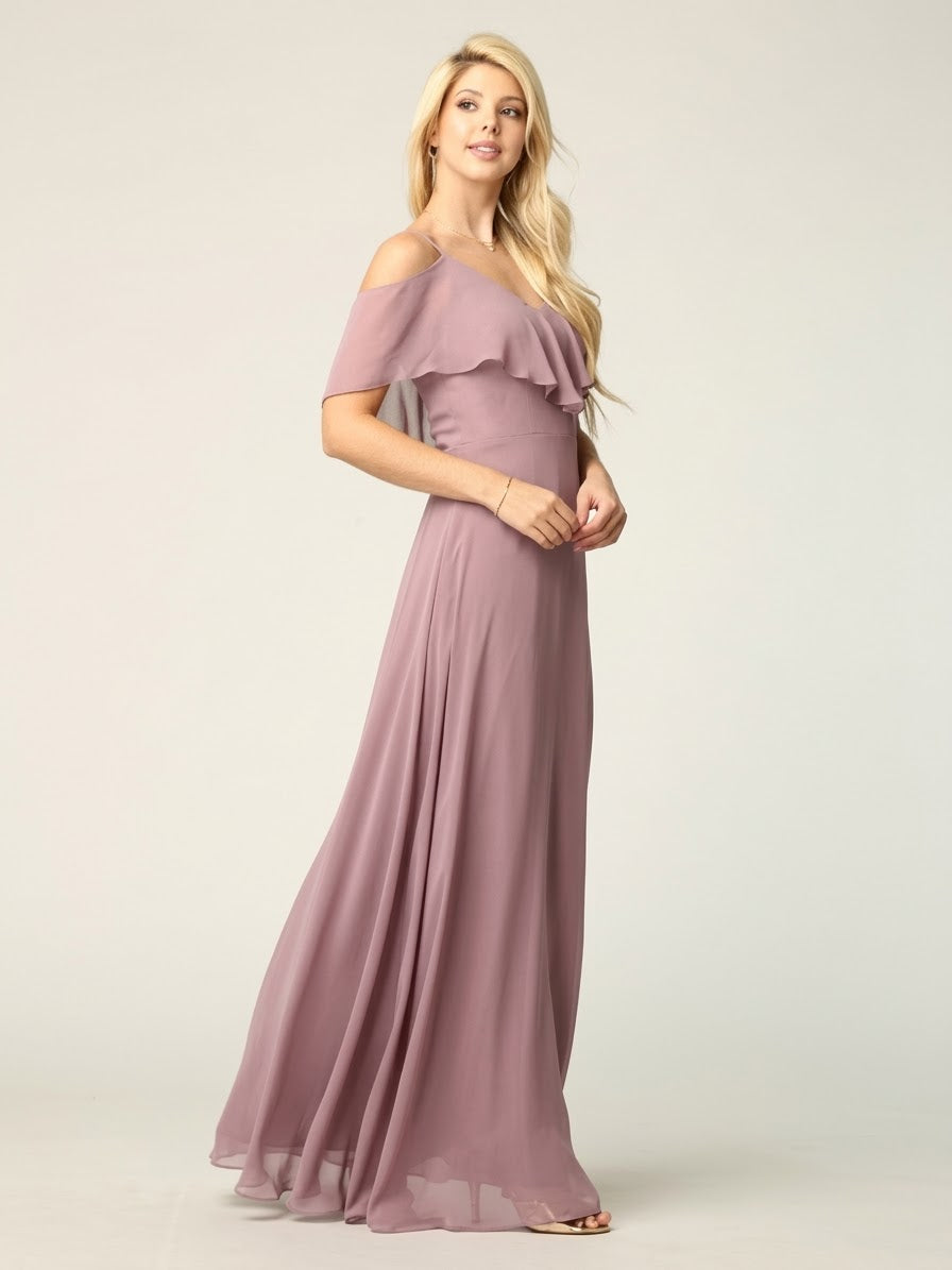 Cold Shoulder Chiffon Maxi Dress with Ruffle Overlay by Eva USA 3263