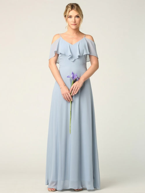 Cold Shoulder Chiffon Maxi Dress with Ruffle Overlay by Eva USA 3263