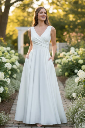 Lenovia 5242B Pleated A Line Long Classy Simple Ivory Wedding Dress