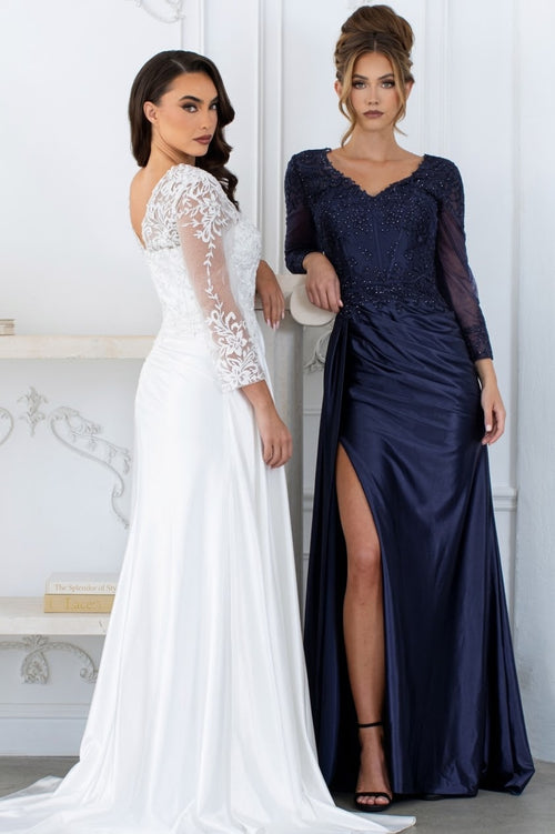 Long Sleeve Lace Wedding Dress with V-Neck Satin Skirt & Side Slit Bridal Gown by Lenovia 8366