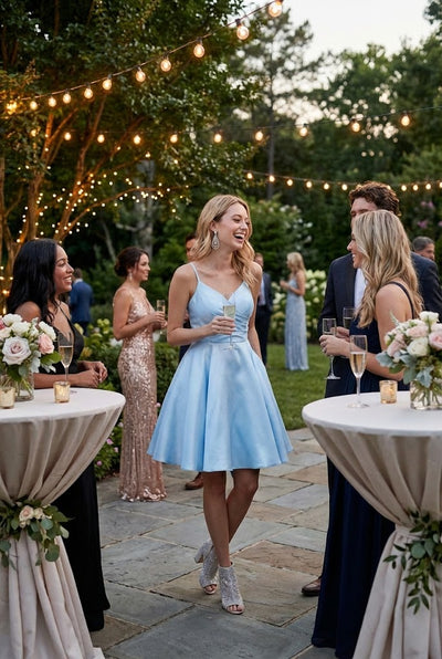 V Neck Simple Satin Short Hoco Dress