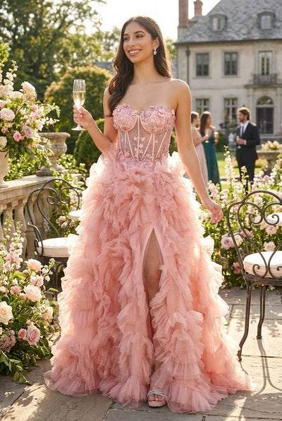 Red Carpet Dress Strapless A-Line High Slit Gown By