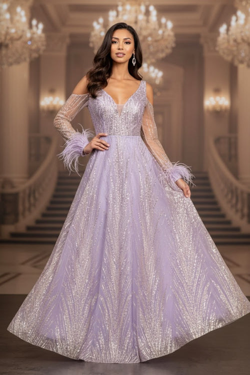 Cold Shoulder Glitter Gown by Elizabeth KGL3041